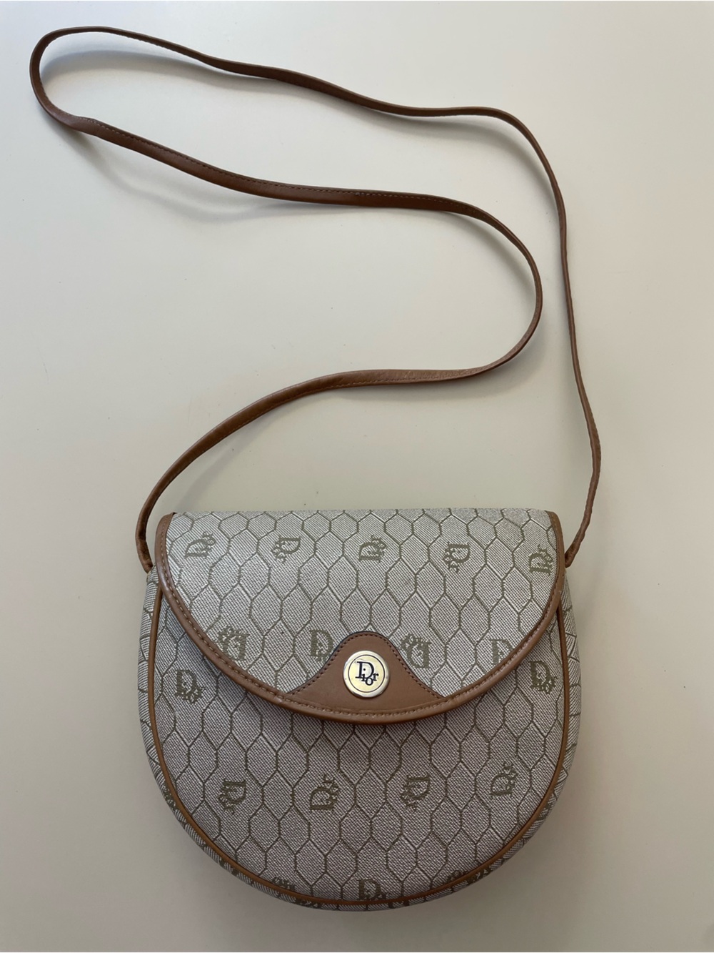 DIOR Vintage Monogram Coated Canvas Honeycomb Tan Crossbody Shoulder Bag